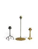 Group of Three Candlesticks by Tiffany Studios, patinated bronze, Favrile glass, each stamped with the firm's marks, sold Oct 2019