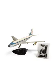 Raymond Loewy, Studio Prototype Model #1 of Air Force One, Kennedy, plastic, fiberglass, chromed and enameled metal, signed in marker 'RL' and dated '62' on triangular base