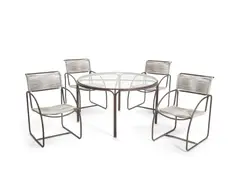 Kipp Stewart, Bronze Age Patio Dining Suite, for Terra, comprising a circular dining table and four armchairs, bronze, glass, cord