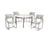 Kipp Stewart, Bronze Age Patio Dining Suite, for Terra, comprising a circular dining table and four armchairs, bronze, glass, cord