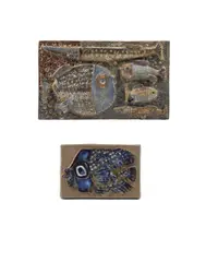 Fish Plaque by Tyra Lundgren, glazed stoneware, signed 'T' on backing board, together with an Inge-Lise Koefoed faience fish plaque for Aluminia, 1960, sold Oct 2019