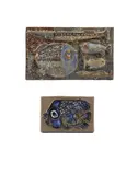 Tyra Lundgren, Fish Plaque, glazed stoneware, signed 'T' on backing board, together with an Inge-Lise Koefoed faience fish plaque for Aluminia, 1960s