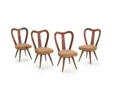 Set of Four Spoon Back Chairs by Vladimir Kagan, walnut, cotton, polyfoam, three chairs with manufacturer's label 'Kagan-Dreyfuss Inc', sold Oct 2019