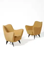 Giulia Veronesi, Pair of Perla Lounge Chairs, Bergamo, upholstery, ebonized wood