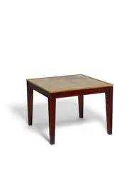 Custom Cocktail Table by Philippe Starck, stained hardwood, brass, glass, gold film, sold Oct 2019