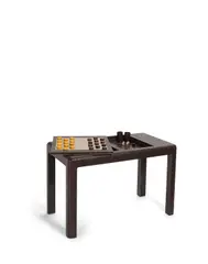 Backgammon Table by Karl Springer, lizard-embossed leather, brass, apparently unmarked, with playing pieces comprising five dice, thirty checkers, and two , sold Oct 2019