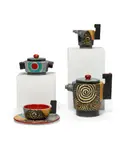 Vittoria Mazzotti, Four Piece Tea Set, comprising a coffee pot, creamer, sugar, and cup with saucer, glazed ceramic, each piece initialed 'V