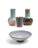 Harrison McIntosh, Two Miniature Vases, Bowl and Cup, glazed stoneware and terracotta, three inscribed 'McIntosh', one inscribed 'Harrison McIntosh'