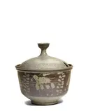Peter Voulkos, Covered Tureen, wheel-thrown gas-fired stoneware with wax resist decoration and semi-matte and iron-bearing glaze, inscribed 'Voulkos', '53