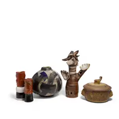Dora De Larios, Group of Five Objects, glazed earthenware and stoneware, each signed by the artist