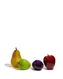 Flora C. Mace and Joey Kirkpatrick, Fruit Still Life, blown glass, comprising a pear, apple, and two plums, each element with artists' signatures, the pear and plums additionally dated