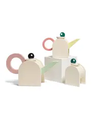 Peter Shire, Three Piece Tea and Coffee Service, comprising a coffee pot, sugar bowl and teapot, glazed earthenware, each stamped 'EXP 1979 A