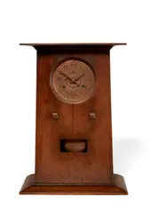 Peter Hansen, Rare Mantel Clock, Stickley, oak, acid-etched copper