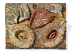 Bird Abstraction by Tyra Lundgren, unique placque for Gustavsberg, stoneware with matte and gloss glazes, impressed 'GUSTAVSBERG', sold Jun 2019