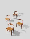 Hans J. Wegner, Set of Four Cow Horn Chairs, model JH505, designed 1952, for Johannes Hansen, teak, cane, remnants of Knoll International paper label to one chair