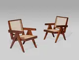 Pair of Easy Chairs by Pierre Jeanneret, teak, cane, together with later upholstered cushions, one example with painted mark 'PSA 79', sold Jun 2019