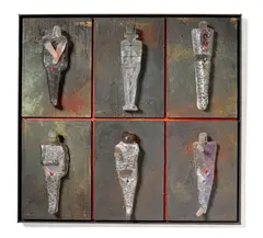 Idols by Bertil Vallien, cast and internally and externally decorated cast glass, steel frame, sold Jun 2019