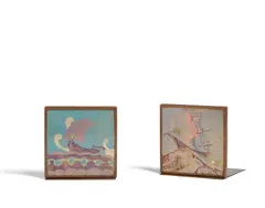 Dirk Van Erp, Pair of Bookends, copper, glazed earthenware tile, impressed studio marks