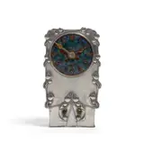 Table Clock by English Arts And Crafts, pewter, copper, enamel dial, sold Apr 2019