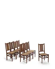Harvey Ellis, Set of Eight Dining Chairs, for Gustav Stickley, oak with original rush seats, signed with labels