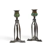 Pair of Candlesticks with Snuffers by Tiffany Studios, Favrile glass, bronze, sold Apr 2019