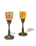 Tiffany Studios, Pair of Mantle Lamps, patinated bronze, Favrile glass, the shades engraved 'L
