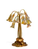 Tiffany Studios, Ten-Light Lily Lamp, gilt bronze, Favrile glass, base stamped 'Tiffany Studios New York 381', five shades engraved 'L