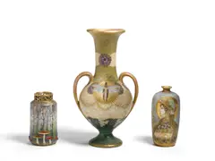 Amphora, Group of Three Vases, porcelain, comprising a two handled vase with moth and flower decoration