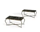 Michel Zadounaisky, Pair of Cocktail Tables, patinated iron, marble, one table stamped 'ZADOUNAISKY'