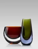 Rare Ovale Bocca Stretta Vase and Bowl by Antonio da Ros, for Vetreria Gino Cenedese, amber and olive green sommerso glass, offered Apr 2019