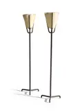 French Modern, Pair of Floor Lamps, leather, brass, steel, paper