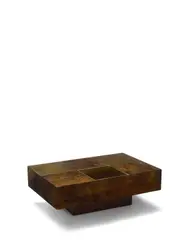 Coffee Table by Italian Modern, lacquered parchment, brass, walnut stained wood, offered Apr 2019