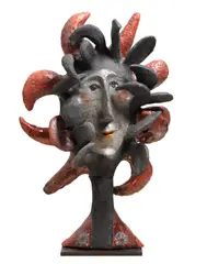 Roger Capron, La Gorgonne, enameled earthenware, metal base, signed in black 'R