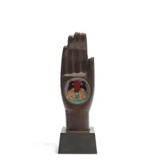 Benjamin Bufano, Hand of Peace, patinated bronze, enamel, wood