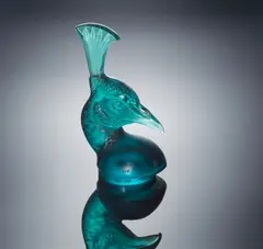 René Lalique, A 'Tête de Paon' Car Mascot, designed in 1928, turquoise glass, mould-blown, frosted, polished, and with modern presentation case
