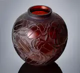 A 'Gros Scarabées' Vase, designed in 1923 by René Lalique, deep amber glass, mould-blown, frosted and polished, sold Feb 2019