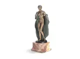 joseph descomps, 'La Baigneur' An Art Deco Model of a Draped Naked Female, circa 1925, cold-painted bronze, the drapery with textured finish, enhanced with green patina, raised off a variegated marble plinth