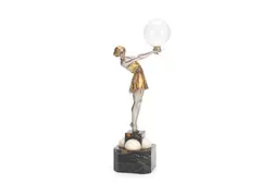 'Bubble Dance': An Art Deco Study of a Female Dancer with Glass Bubble by Armand Godard, circa 1925, silvered and gilt bronze, raised off a variegated and white marble plinth, sold Jun 2019
