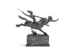 Professor Otto Poertzel, A Figural Group, circa 1930, patinated bronze, modelled as an Amazon riding a centaur in flight and mounted on a variegated marble plinth