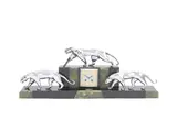 Michel Decoux, An Impressive Art Deco Mantle Clock, circa 1925, the clock case and plinth of black marble and green onyx surmounted with three silvered bronze panthers