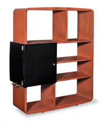 Shelve Unit/Room Divider by Jacques Adnet, circa 1955, leather and brass, the ebonised storage compartment with hinged door opening to a satin birch lined interior, sold Jun 2019