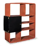 Jacques Adnet, Shelve Unit/Room Divider, circa 1955, leather and brass, the ebonised storage compartment with hinged door opening to a satin birch lined interior