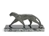 Michel Decoux, A Art Deco Study of a Striding Panther, circa 1925, patinated bronze, its textured body in a green patination, raised off a black and variegated marble plinth