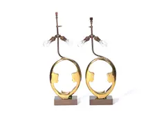 Willy Daro, Pair of Table Lamps, circa 1960, each of clear lacquered and patinated brass, each with a parchment shade
