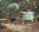 Marguerites and the Dessert Table by Pamela Kay R.W.S., R.B.A., N.E.A.C., oil on canvas, sold Apr 2019