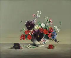 Lawrence Biddle, Small Pansies, Sweet William, Virginia Stock, Limnanthes, Lobelia and Cornflower, oil on board