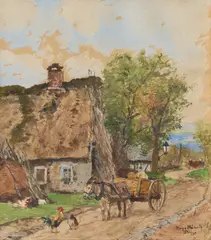 Hugo Mühlig, Dorfstraße mit Eselkarren, Aquarell auf Papier
