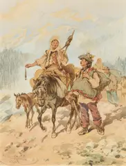 Juliusz Kossak, Reisende im Gebirge, Aquarell auf Papier