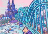 Bernhard Kühlewein, Blick auf Köln mit Dom und Deutzer Brücke, Öl auf Sperrholz