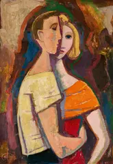 Paar by Karl Hofer, 1951, Öl auf Hartfaserplatte, sold Nov 2022